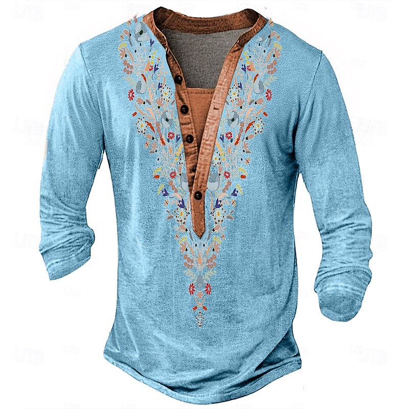 Men's Print T Shirt Henley Shirt Long Sleeve Designer Retro Vintage Bohemian Street Casual Daily Summer Spring Fall Blue Green Khaki Grey Henley Henley T-Shirt3