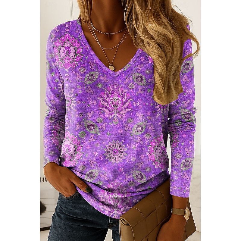 Women's T shirt Long Sleeve V Neck Long Sleeve Tunic Graphic Paisley Vintage Stylish Classic Regular Tops Daily Print Pink Red Blue Purple Green Spring Fall Prefall3