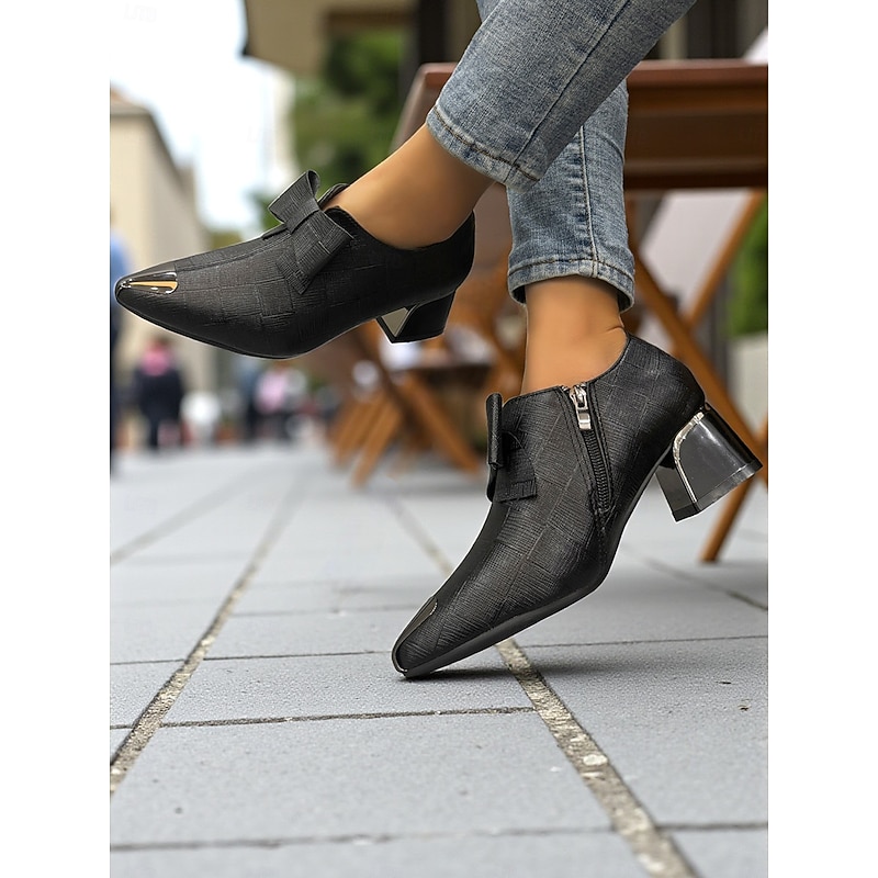 Women's Black Textured Block Heel Ankle Boots – Elegant Bow Decor Pointed Toe Short Boots, Business Casual and Office Wear for Autumn and Winter3
