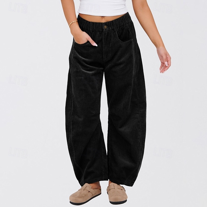 Women's Wide Leg Corduroy Pants Slacks Streetwear Casual Full Length Natural Plain Pocket Elastic Waist Comfortable Street Holiday Weekend Dark-Gray Black Pink Dark Green Fall Regular Fit2