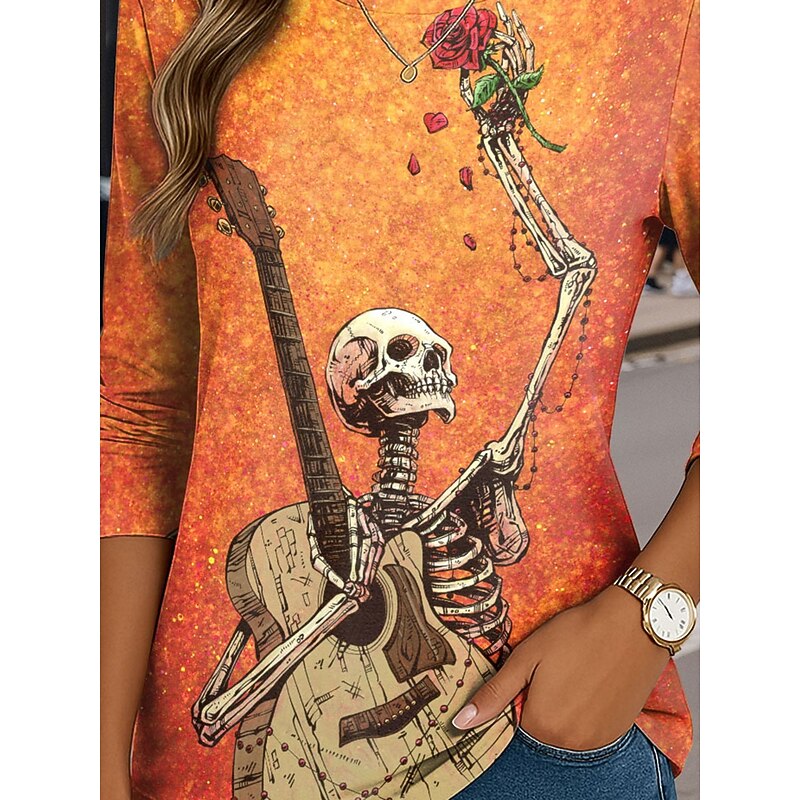 UntilTheLastNote By David Lozeau Halloween Women's T Shirt Skulls Crew Neck Long Sleeve Tunic Graphic  Vintage Stylish Classic  Round Neck Regular Tops Daily Print Orange Fall3