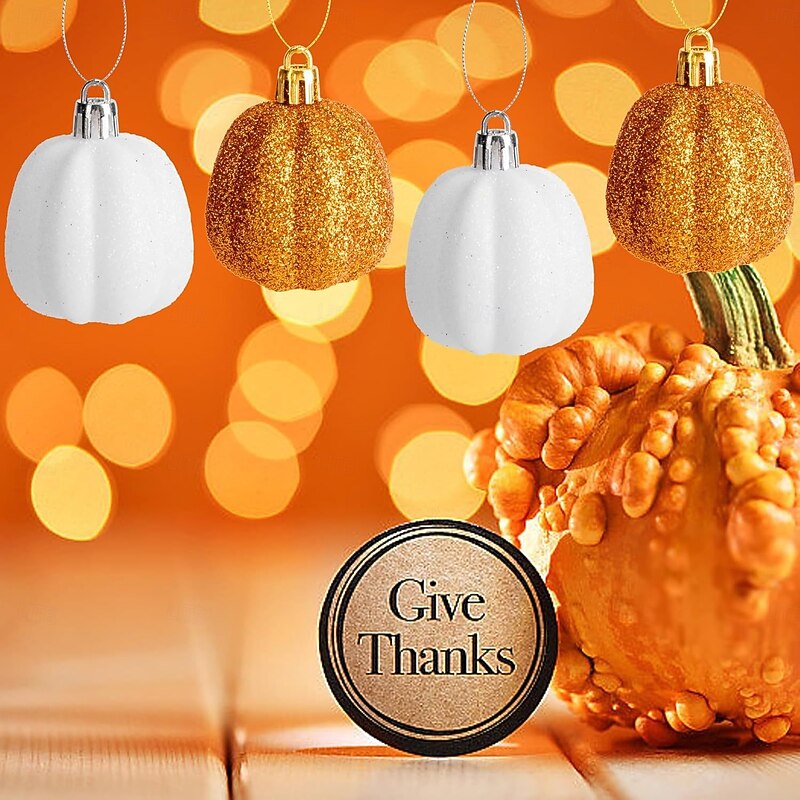 12 pcs Halloween Hanging Pumpkin Ornaments Fall Mini Thanksgiving Ball Ornaments, 6cm Mixed Artificial and Glitter Pumpkin Decorations for Harvest Festival, Autumn Table Display or Halloween Party Dec4