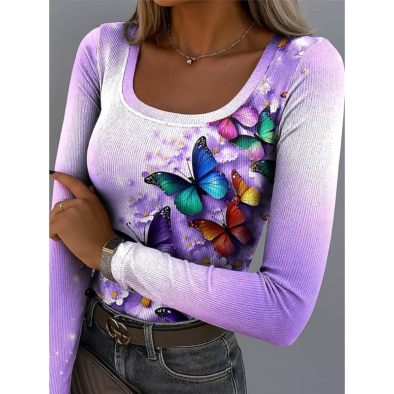 Easter Women's T Shirt Ribbed Graphic Square Neck Long Sleeve Casual Floral Butterfly Vintage Stylish Regular Tops Daily Print White Blue Purple off-white Summer Spring Fall