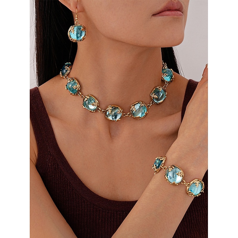 Women's Vintage Gold-Plated Choker Necklace with Matching Blue Crystal Bracelet and Drop Earrings - Elegant Statement Jewelry for Party, Cocktail and Evening Events