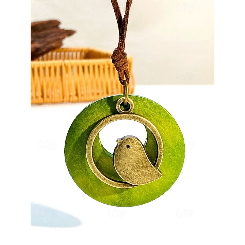 Women's Bohemian Bird Pendant Necklace – Handmade Long Wooden Circle Necklace with Alloy Charm for Nature Lovers, Casual Outfits or Gifts3
