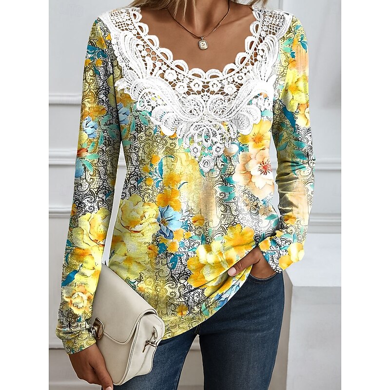 Easter Women's Blouse Tunic Lace Splicing V Neck Long Sleeve Floral Graphic Plants Elegant Round Neck Regular Tops Daily Going out Weekend Lace Patchwork Print White Yellow Pink Blue Spring Fall