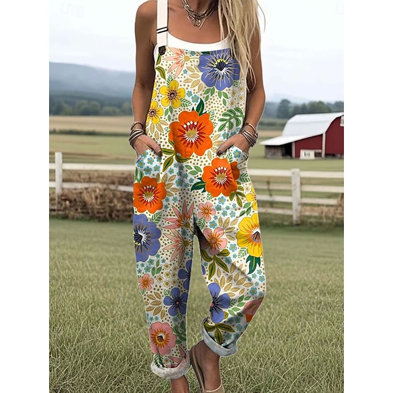 Women's Jumpsuit Active Floral Sleeveless Straight with Pocket Vacation Street Loose Fit White Yellow Pink Summer2