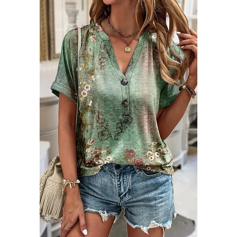 Women's T Shirt Floral Graphic Plants Vintage Stylish Classic Short Sleeve V Neck Notched Neck Regular Tops Daily Going out Weekend Print Red Light Brown Dark Green Green Dark Gray Summer Spring