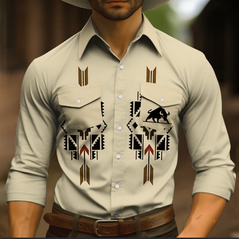 Men's Tribal Graphic Prints Vintage Shirt Western Shirt Cowboy Shirt Long Sleeve Fashion Streetwear Designer Outdoor Daily Fall & Winter Turndown Print Blue Khaki