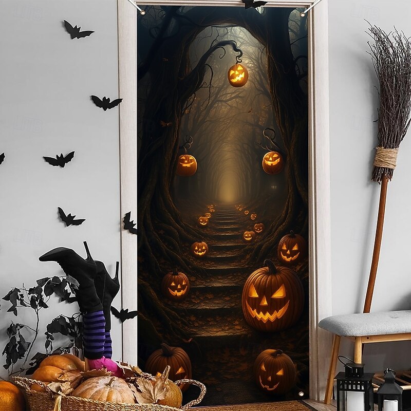 Halloween Door Cover – Glowing Pumpkins in Gothic Archway, Haunted House Entrance Banner, Autumn Outdoor & Indoor 2025 Halloween Decoration for Bedroom, Living Room, Bathroom3