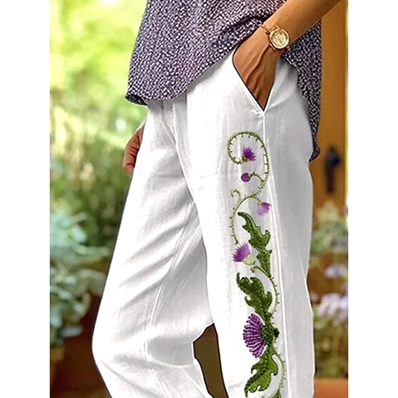 Women's Chinos Straight Vacation Vintage Ethnic Style Ankle-Length High Waist Floral Graphic Embroidered Pocket Printing Soft Outdoor Breathable Inelastic Vacation Street Causal White / Green Summer2