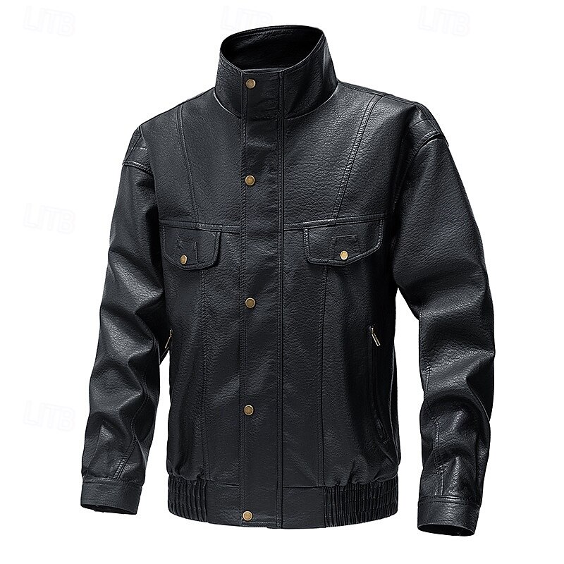 Men's Faux Leather Jacket Biker Jacket Motorcycle Jacket Vacation Daily Windproof Warm Pocket Fall Winter Plain Fashion Classic Stand Collar Regular Black Yellow Gray Jacket