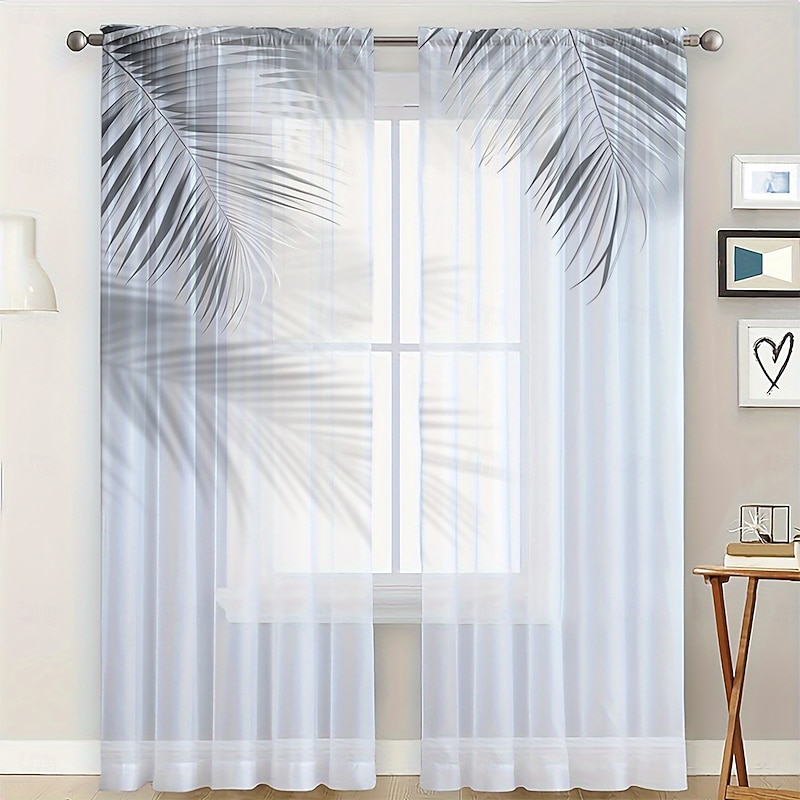 2 Pcs Leaf Pattern Sheer Curtains Rod Pocket Window Drapes Window Treatments For Bedroom Living Room Home Decoration Room Decoration3