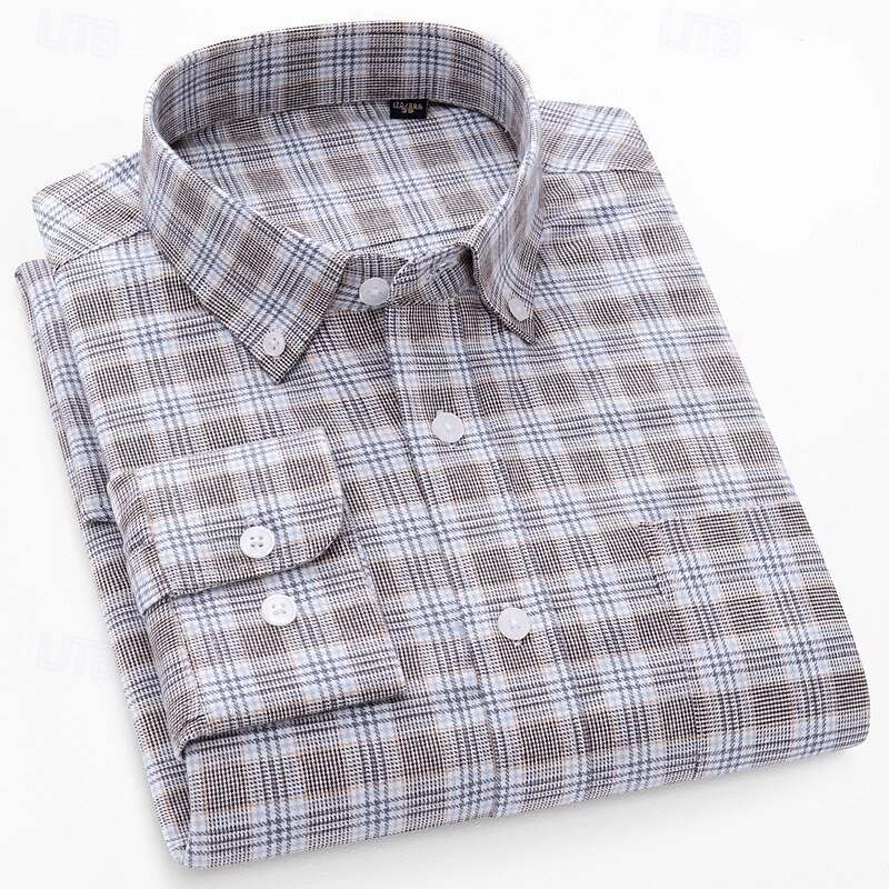 Men's Shirt Dress Shirt Button Down Shirt Plaid Shirt Plaid / Striped / Chevron / Round Daily Wear Corporate Clothing White+khaki Dark Navy Royal Blue Brown Long Sleeve Shirt Collar All Seasons2