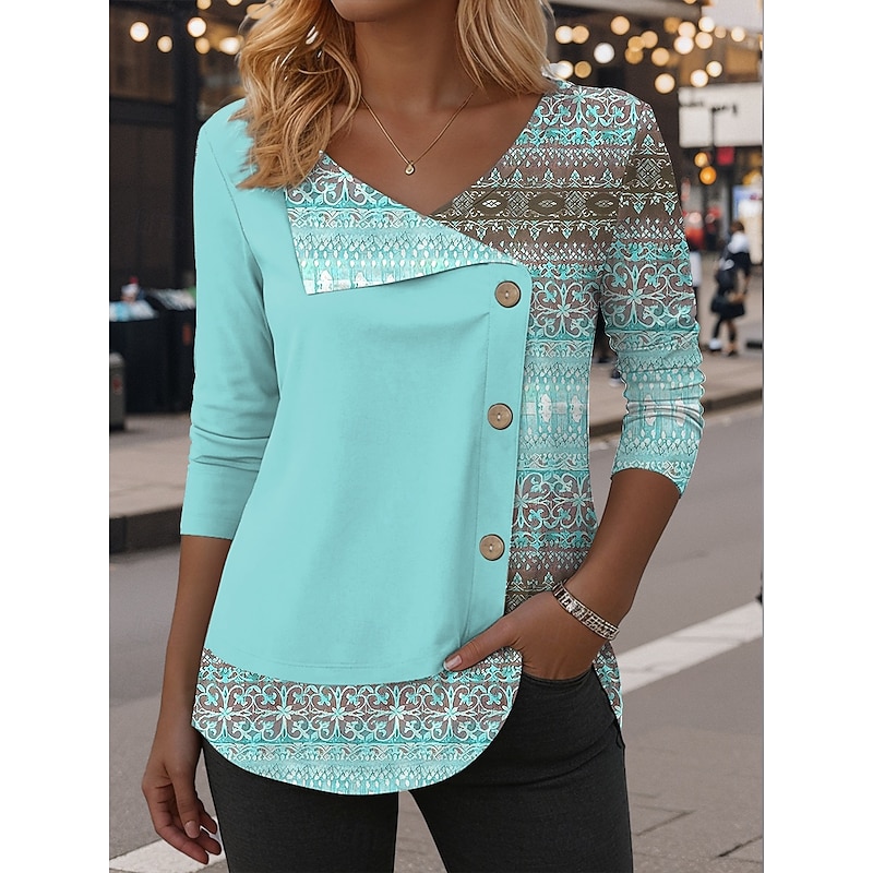 Women's Blouse Tunic V Neck Long Sleeve Buttons Graphic Geometric Fashion Classic Casual Regular Tops Daily Patchwork Print Pink Dusty Rose Blue Purple Green Spring Fall Winter3