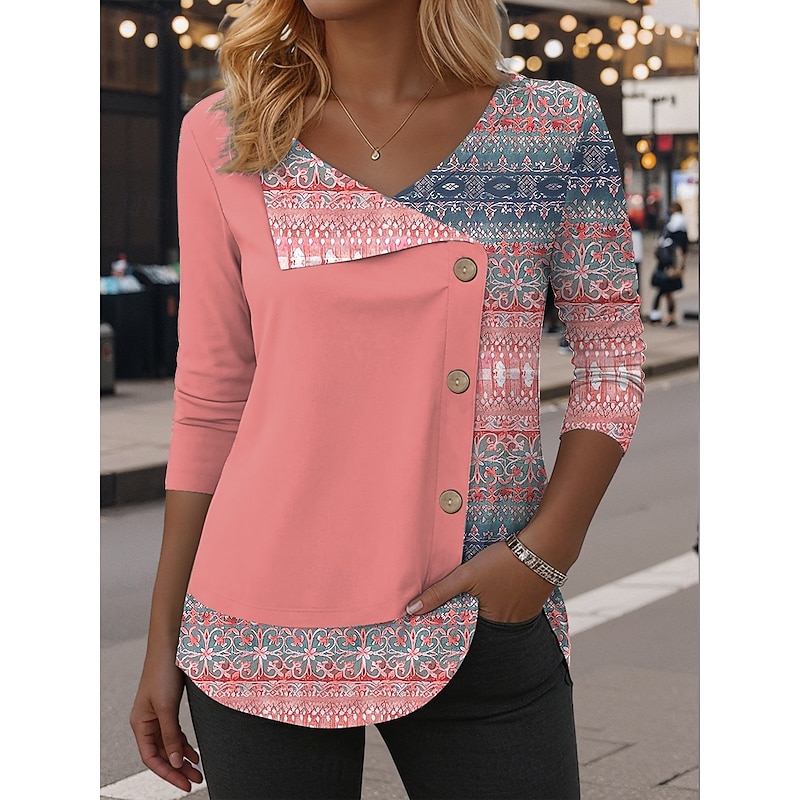 Women's Blouse Tunic V Neck Long Sleeve Buttons Graphic Geometric Fashion Classic Casual Regular Tops Daily Patchwork Print Pink Dusty Rose Blue Purple Green Spring Fall Winter