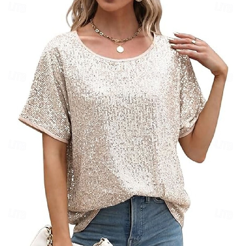 Women's Sequin Sparkly Party Glitter Sparkly Fashion Modern Short Sleeve Crew Neck Regular Tops Daily Weekend Sequins Silver Black Pink Wine Green Summer3