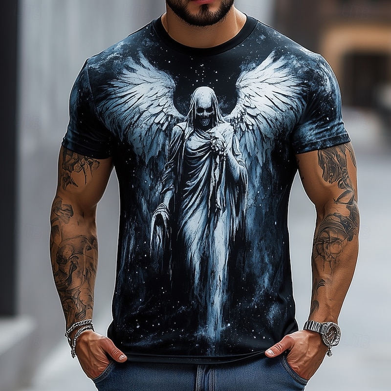 Halloween Men's Grim Reaper Angel Reaper T Shirt Short Sleeve T shirt 3D Print Crew Neck Shirt Exaggerated Designer Horror Party Street Casual Black Red Blue Summer Spring All Seasons Clothing Apparel3