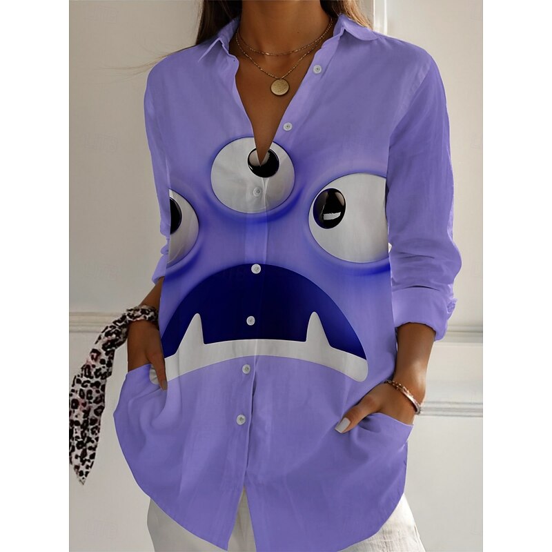 Women's Cartoon Funny Smile Face Shirt Active Daily Stylish Long Sleeve Shirt Collar Regular Tops Daily Holiday Buttons Print Pink Purple Spring Fall