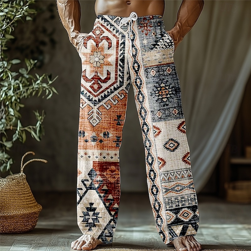 Men's Aztec Indian Culture Flowers Trousers Baggy Pants Casual Pants Mid Waist Ethnic Style Bohemian Outdoor Vacation Holiday Drawstring Side Pockets Elastic Waist Summer Spring 3D Print Khaki