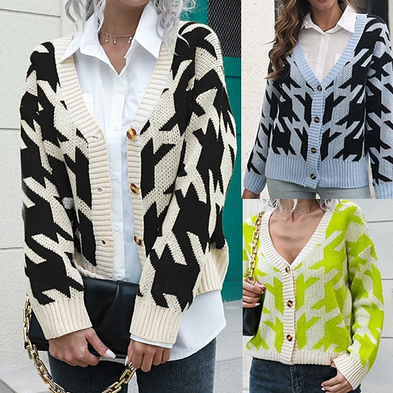 Women's Cardigan Casual Houndstooth Chunky Turtleneck Knitted Long Sleeve Regular Tops Knit Daily Holiday Going out Blue Green Fall Winter