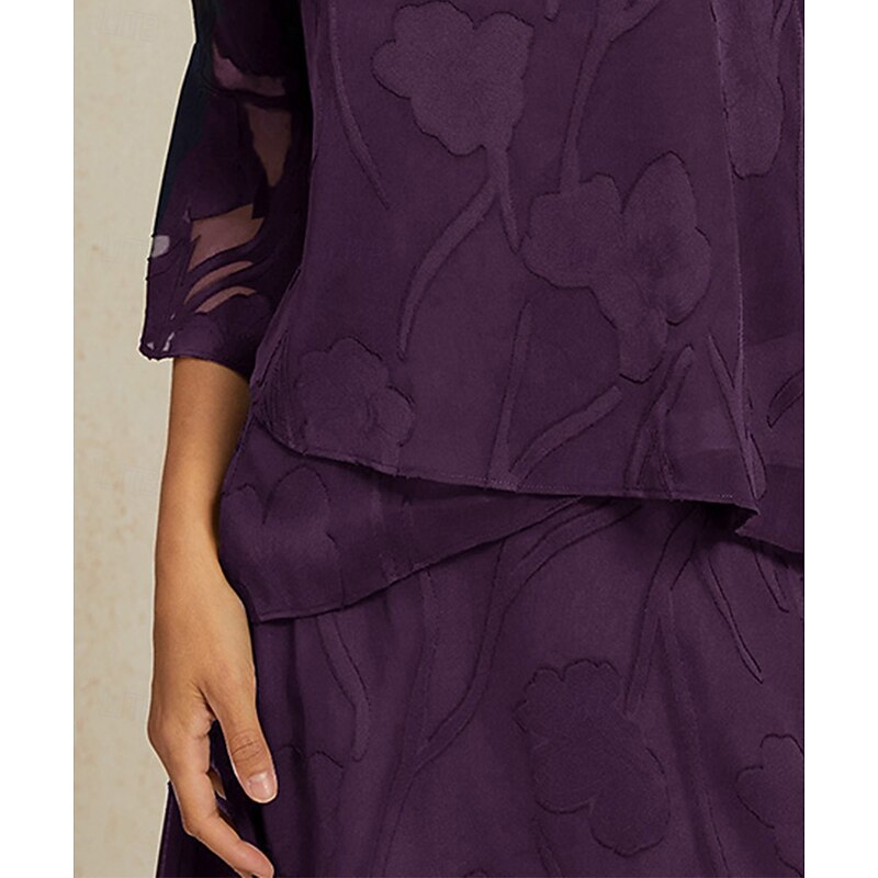 Women's Lace Shirt Blouse Dressy Tops Chiffon Tops Solid Color Floral Flower Elegant Stylish 3/4 Length Sleeve Bell Sleeve Boat Neck Regular Tops Wedding Guest Work Daily Asymmetric Hem Eggplant2