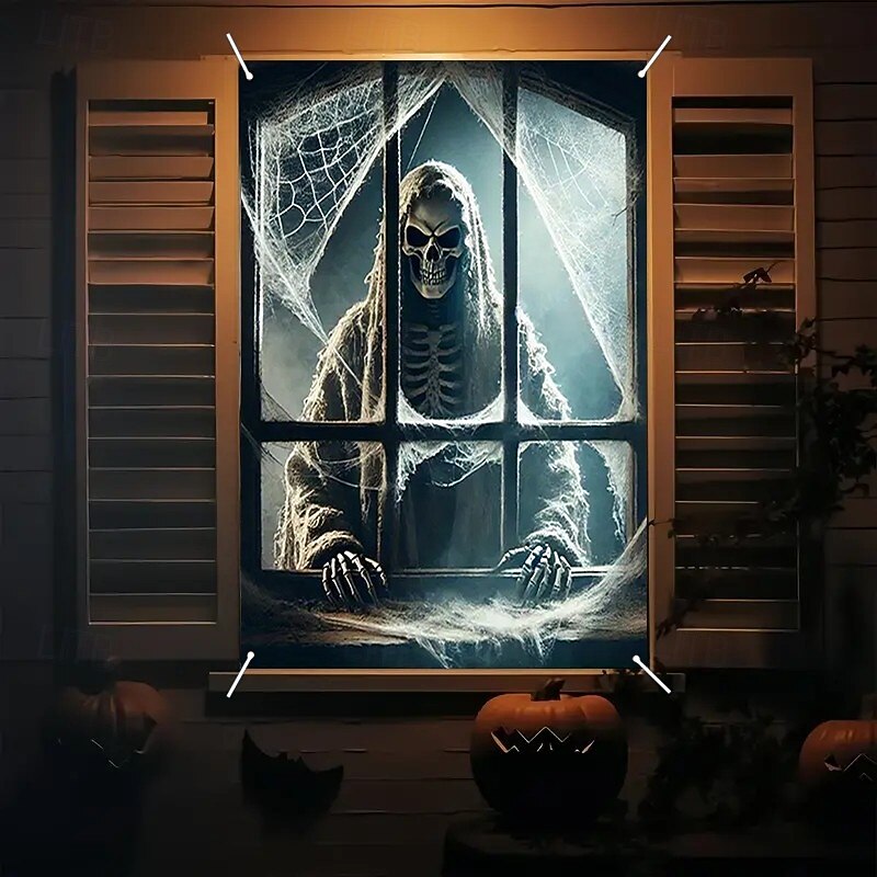 Halloween Window Curtain Grim Reaper Peeking Through Window, Horror Door Cover, Window cover, Wall Tapestry for Spooky 2025 Halloween Decoration2