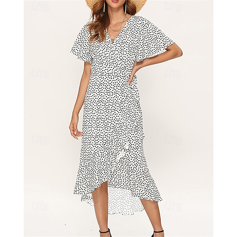 Women's Midi Dress Casual Dress Chiffon Dress Summer Dress Fashion Outdoor Party Holiday Regular Fit Polka Dot Short Sleeve V Neck White Yellow Red Green Summer Spring2