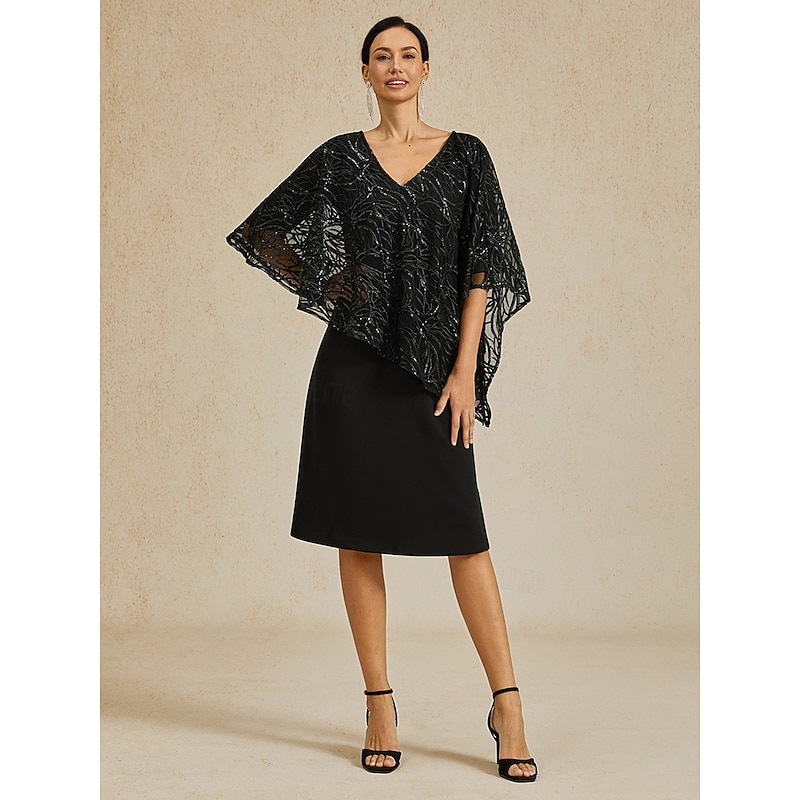 Women's Tea Length Chiffon Dress Elegant Party Solid Color Half Sleeve V Neck Black Summer Spring