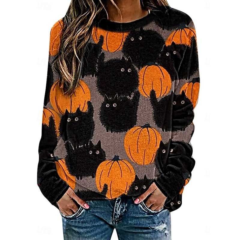 Halloween Women's Sweatshirts Pumpkin Print Graphic Cat Casual Long Sleeve Crew Neck Regular Tops Street Dailywear Casual Print Black Yellow Orange Spring Fall Winter