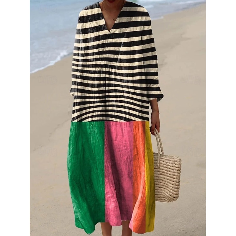 Women's Midi Dress V Neck Long Sleeve Kaftan Lightweight Loose Fit A Line Dress Casual Boho Going out Loose Fit Graphic Geometric Long Sleeve V Neck Yellow Light Brown Blue Orange Fall