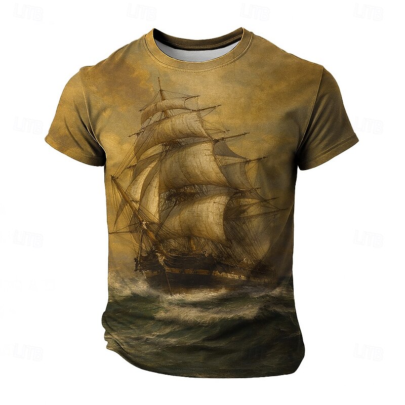 Men's Ship Boat T Shirt Short Sleeve T shirt 3D Print Crew Neck Shirt Retro Vintage Vintage Retro Party Casual Daily Brown Green Summer Spring All Seasons Clothing Apparel S M L XL XXL XXXL