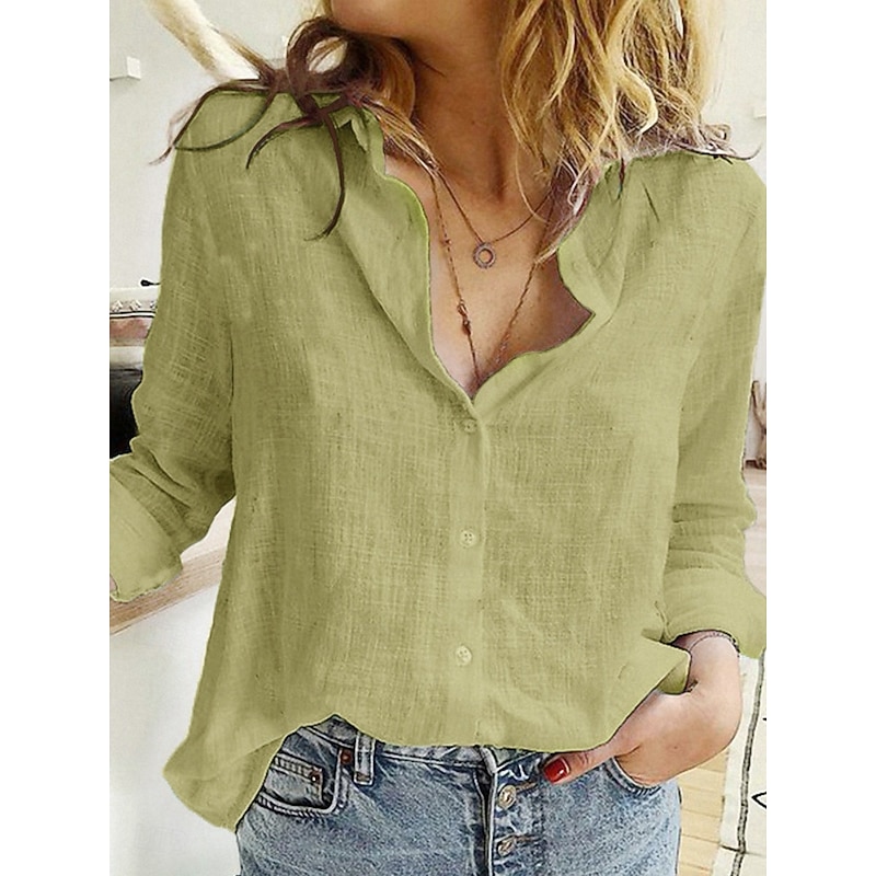 Women's Shirt Cotton Linen Shirts Button Up Blouse Solid Color Basic Casual Long Sleeve Shirt Collar Regular Tops Daily Buttons Yellow Green Summer Spring