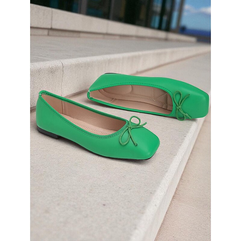 Women's Green Square Toe Ballet Flats – Faux Leather Bow Slip-On Shoes for Casual, Office, and Weekend Wear3
