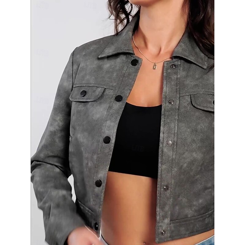 Women's Faux Leather Jacket Comfortable Buttons Fashion Street Style Plain Outdoor Casual Daily Short Turndown Regular Fit Long Sleeve Outerwear Black Pink Burgundy Spring Fall3