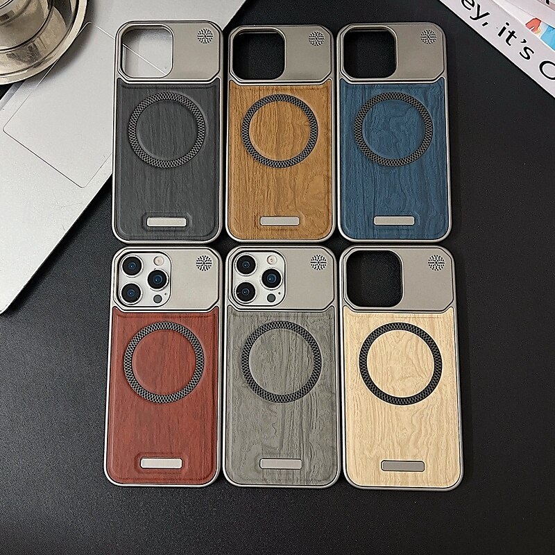 Phone Case For iPhone 17 Pro Max 17 Air 16 15 14 Pro Max Plus 13 Pro Max Back Cover Magnetic Shockproof Wood Grain PC2