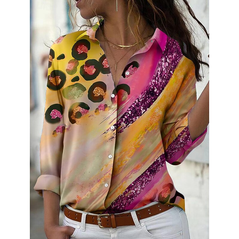 Women's Shirt Button Down Tunic Shirt Collar Long Sleeve Graphic Geometric Vintage Daily Stylish Regular Tops Work Daily s Print Yellow Pink Blue Green Spring4