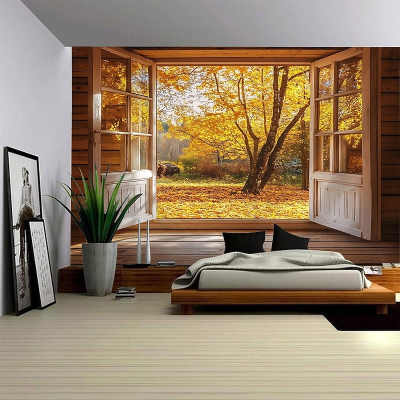 Fall Autumn Yellow Leaves Plant Landscape Outside The Window 2d Flat Hanging Tapestry Mural Art Large-Scale Tapestry Mural Decoration Photos Background Carpet Curtains Home Bedroom Living Room Decora
