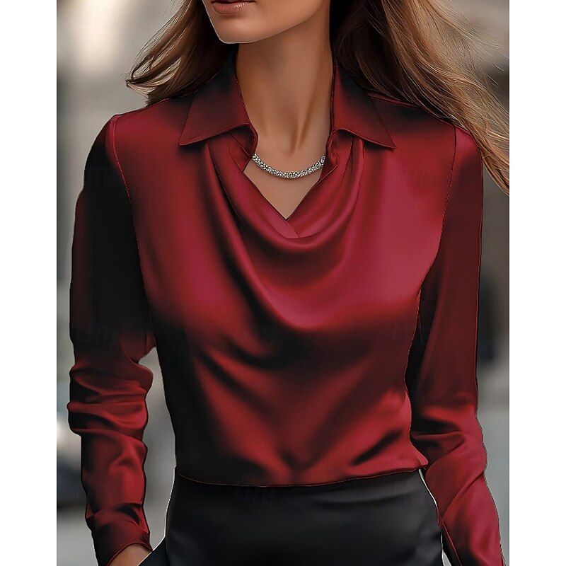Women's Shirt Blouse Satin Plain Modern Casual Long Sleeve Shirt Collar Regular Elegant Tops Drape Neckline Daily Going out Ruched Loose Fit Black Wine Navy Blue Blue Khaki Fall