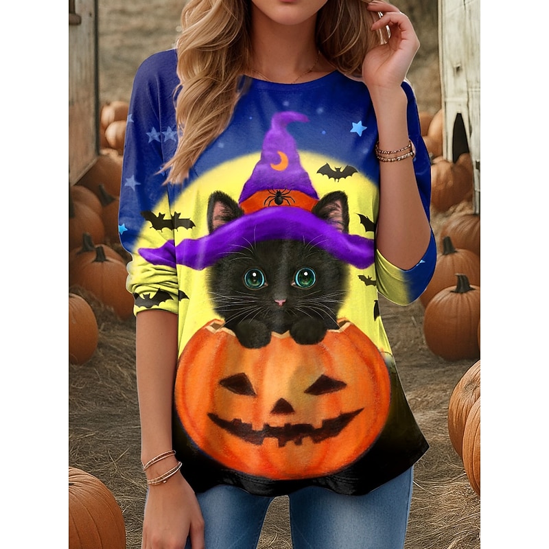 Kayomi Harai Halloween Women's T shirt Pumpkin Crew Neck Long Sleeve Tunic Graphic Animal Cat Vintage Stylish  Round Neck Regular Tops Daily Weekend Print Orange Fall