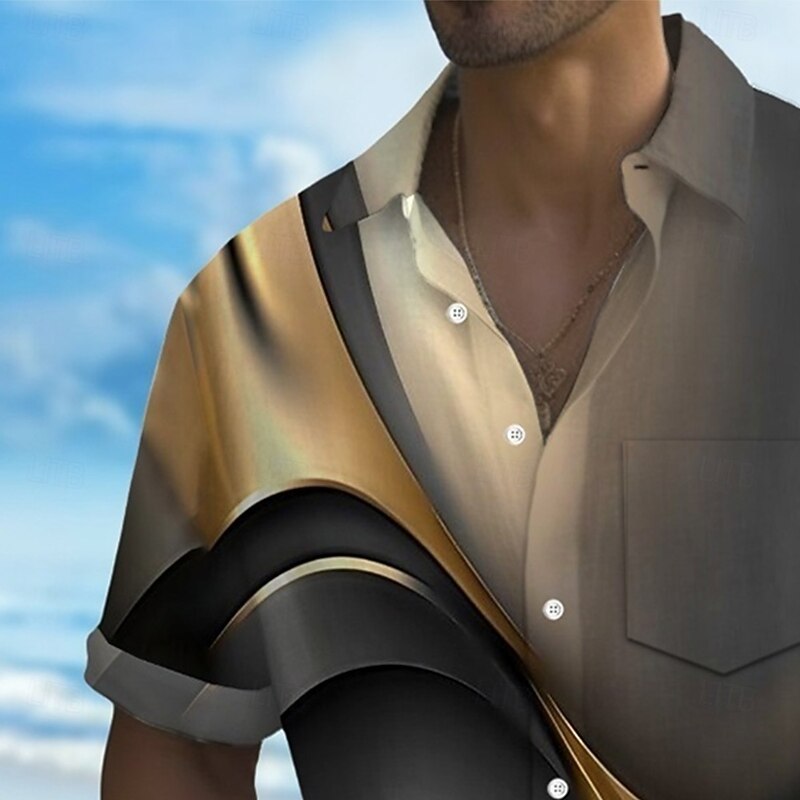 Men's Gradient Waves Marble Shirt Summer Shirt Button Up Shirt Short Sleeve Fashion Casual Outdoor Vacation Dailywear Summer Spring Turndown 3D Print Collared Shirts Front One Pocket Black Brown2