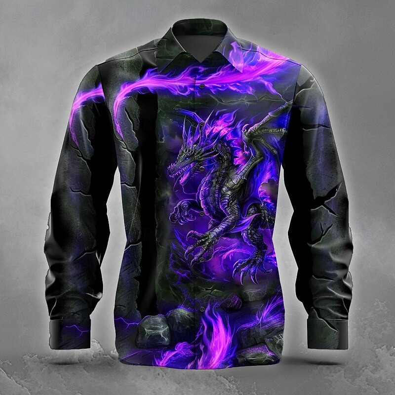 Men's Animal Dragon Ripped Shirt Button Up Shirt Long Sleeve Dark Punk Gothic Style Holiday Streetwear Summer Spring Turndown 3D Print Collared Shirts Yellow Purple Orange Green2