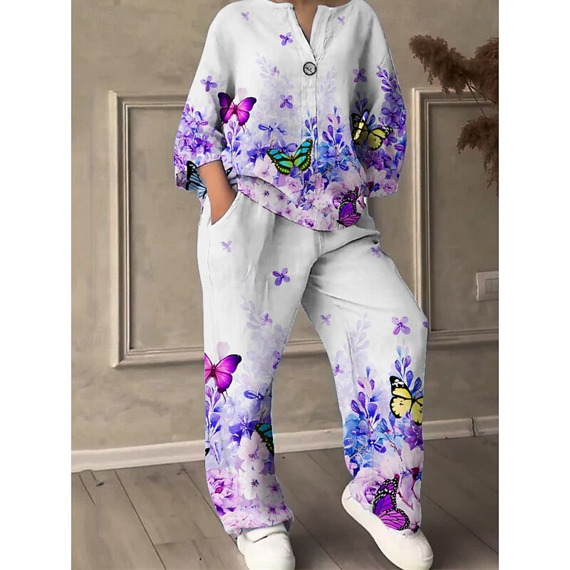 Women's Active Fashion Pants Sets Long Sleeve V Neck Butterfly Print Vacation Daily Holiday Black White Red Summer Regular Fit