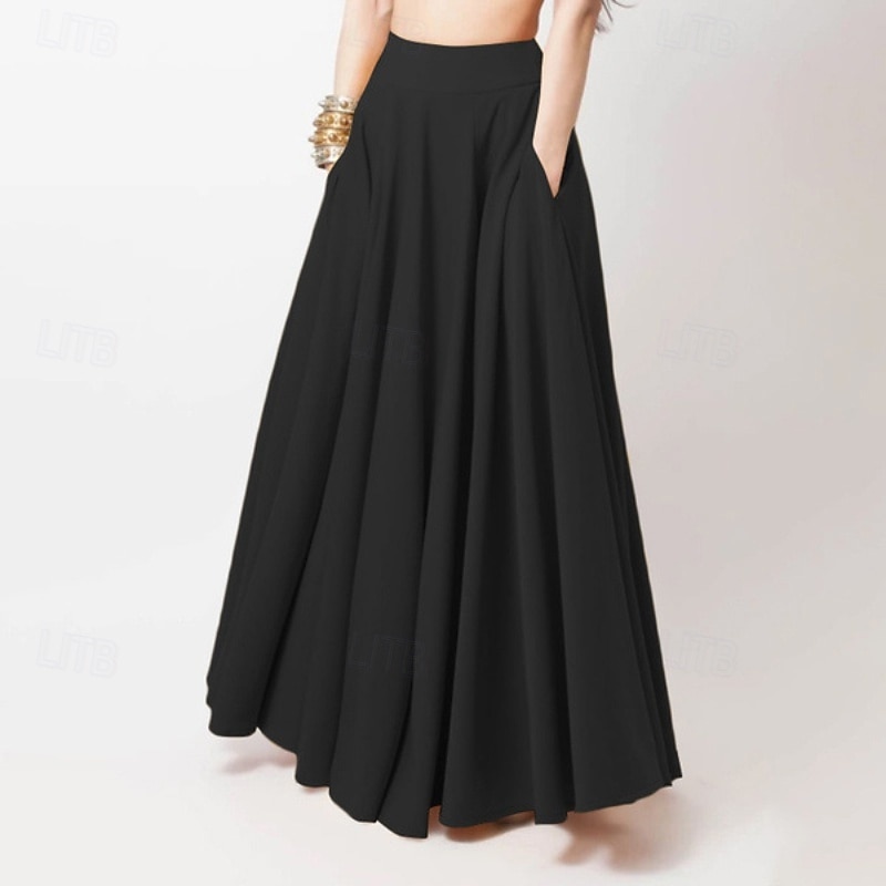 Women's Skirt Fashion Maxi Mid Rise Skirts Plain Pleated Pocket Micro-elastic Vacation Going out Black Yellow Red Summer Polyester3