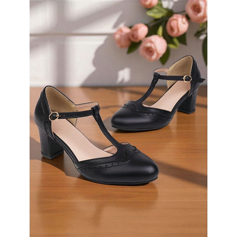 Women's Pink T-Strap Heels - Retro Mid Heel Pumps with Brogue Details and Adjustable Buckle for Tea Parties, Daily Wear, and 1950s-Inspired Outfits3