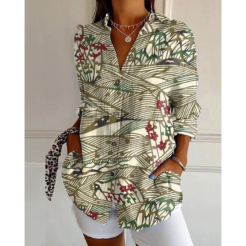 Women's Shirt Blouse Flower Modern Casual Long Sleeve Shirt Collar Regular Tops Holiday Going out Buttons Print Black Navy Blue Orange Green Gray Summer4