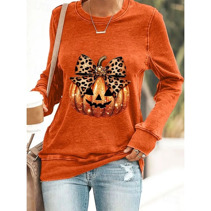 Halloween Women's Pullover Sweatshirt Skulls Graphic Pumpkin Casual Long Sleeve Crew Neck Regular Tops Street Casual Holiday Print Black White Wine Red Blue Spring Fall Winter