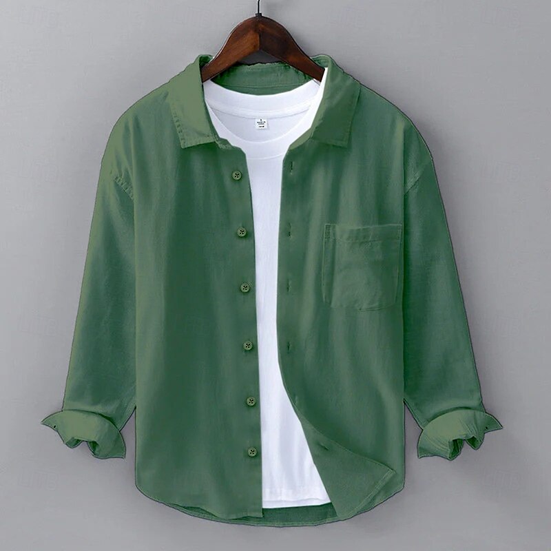 Men's Shirt Linen Shirt Summer Shirt Beach Shirt Button Up Shirt Plain Outdoor Street White Blue Green Long Sleeve Turndown Summer Spring Clothing Apparel Pocket3