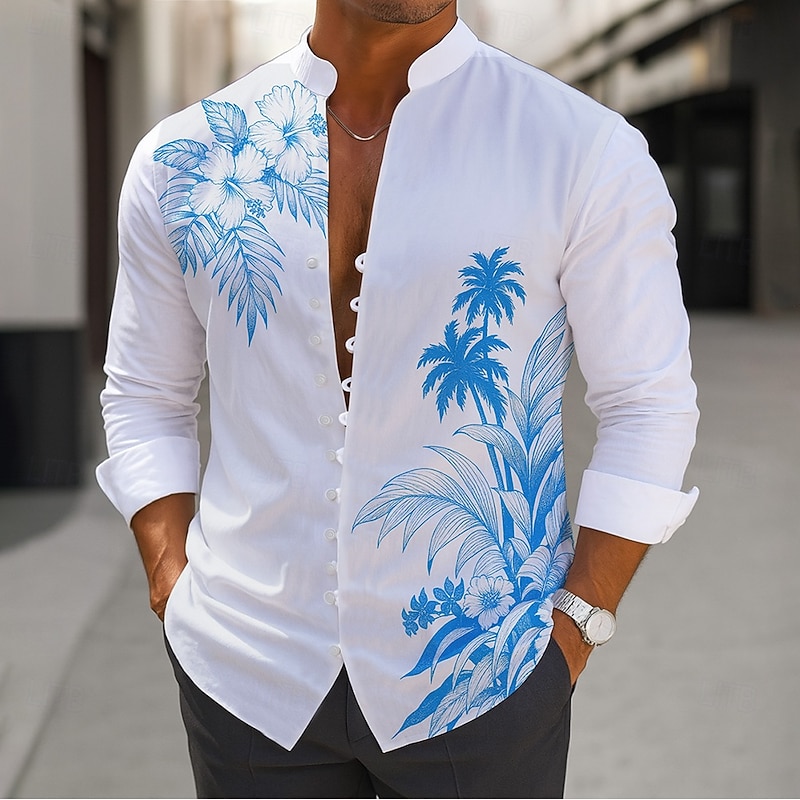 Men's Coconut Tree Tropical Plants Shirt Aloha Shirt Stand Collar Shirt Long Sleeve Hawaiian Vacation Daily Wear Going out Spring Fall Mandarin Collar Band Collar Button-Down Linen Like Shirt Blue2
