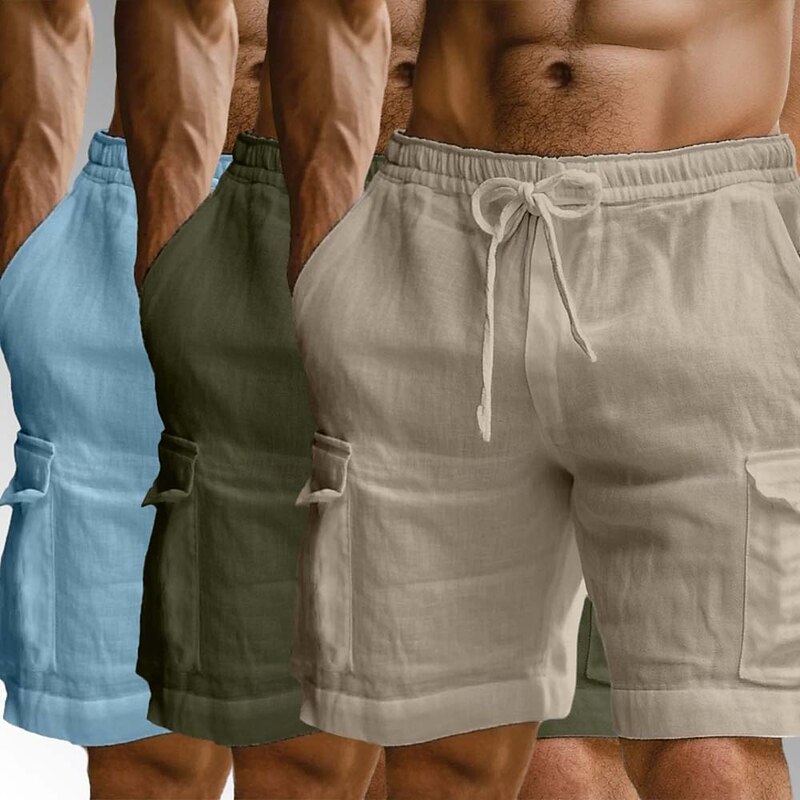 Men's Cargo Shorts Linen Shorts Summer Shorts Beach Shorts Elastic Waist Drawstring Multi Pocket Plain Comfort Breathable Knee Length Outdoor Daily Holiday Vacation Fashion Blue+White+Black3